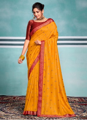 Opulent Foil Print Vichitra Silk Yellow Traditional Saree