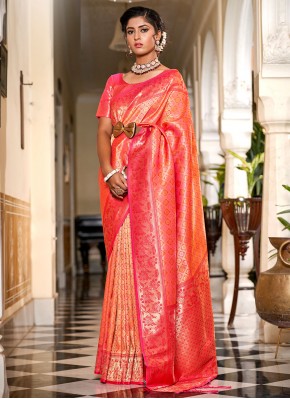 Orange and Pink Reception Banarasi Silk Designer Saree