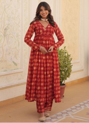 Orange and Red Foil Print Party Wear Kurti
