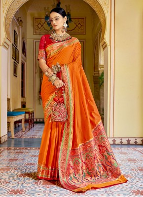 Orange Banarasi Silk Casual Classic Designer Saree