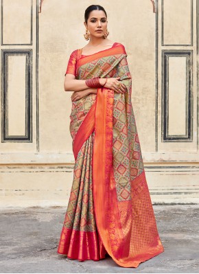 Orange Pure Silk Weaving Contemporary Style Saree