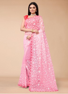 Organza Embroidered Pink Trendy Saree