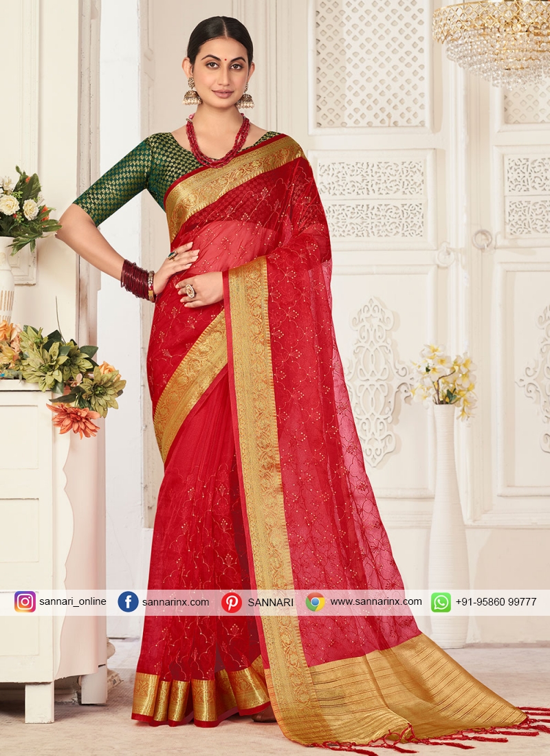 Organza Red Embroidered Trendy Saree