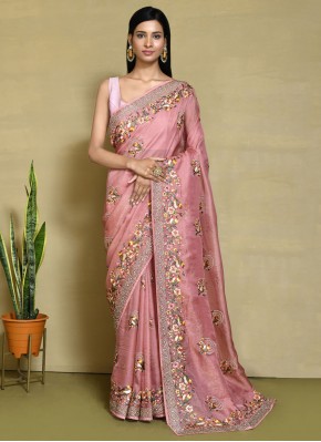 Organza Rose Pink Embroidered Trendy Saree