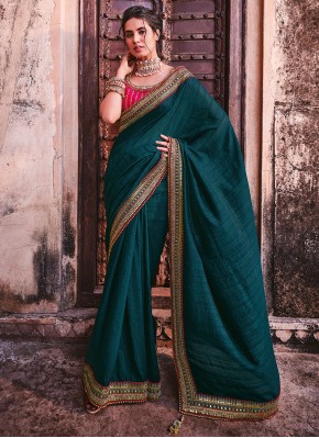 Orphic Border Teal Vichitra Silk Designer Saree