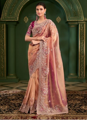 Outstanding Peach Georgette Contemporary Saree