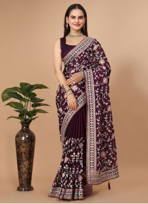 Outstanding Purple Embroidered Silk Contemporary Saree