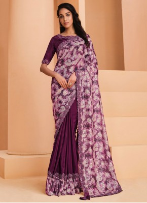 Outstanding Wine Embroidered Trendy Saree