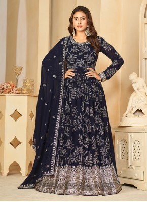 Paramount Navy Blue Embroidered Faux Georgette Flo