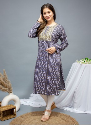 Party Wear Kurti Embroidered Rayon in Grey
