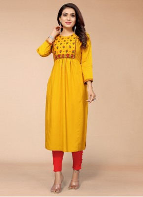 Party Wear Kurti Embroidered Rayon in Yellow