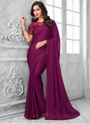 Patch Border Faux Georgette Trendy Saree in Wine