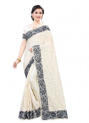 Patch Border Satin Classic Designer Saree in Off White