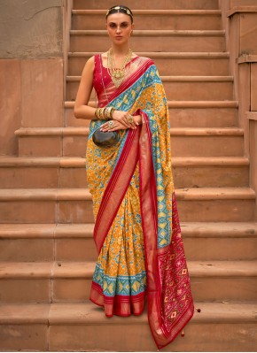 Patola Silk  Weaving Mustard and Red Contemporary Style Saree