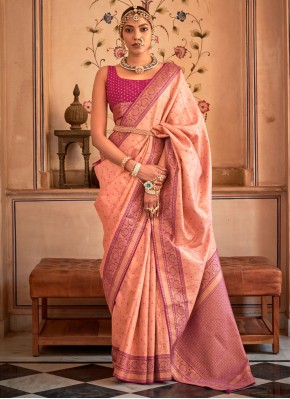 Peach Banarasi Silk Contemporary Style Saree