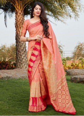 Peach Mehndi Banarasi Silk Designer Traditional Saree