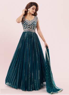 Perfect Teal Blue Hand Work Georgette Floor Length Ready made Dress