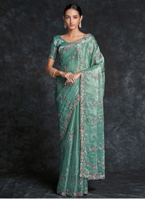 Perfervid Embroidered Turquoise Organza Contemporary Saree
