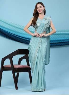Perfervid Embroidered Turquoise Satin Silk Trendy Saree