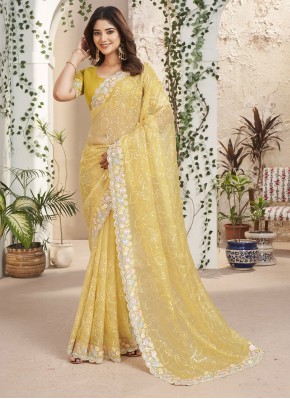 Perfervid Yellow Embroidered Fancy Fabric Trendy Saree