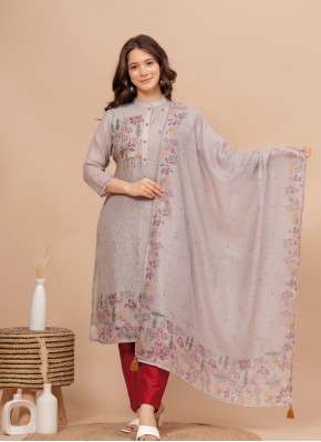 Phenomenal Grey and Maroon Printed Linen Readymade Suit