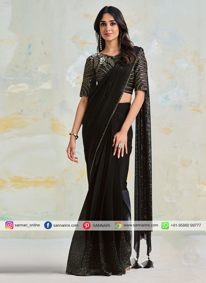 Phenomenal Satin Silk Swarovski Black Designer Saree