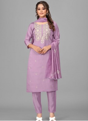 Picturesque Violet Embroidered Muslin Readymade Suit