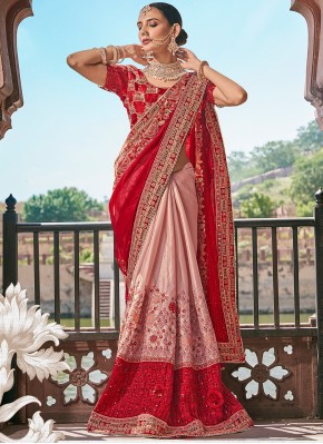 Pink and Red Fancy Fabric Half N Half  Saree