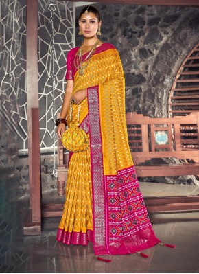 Pink and Yellow Tussar Silk Foil Print Trendy Saree
