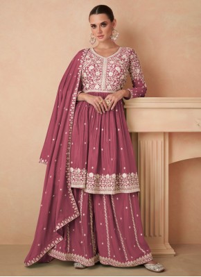 Pink Chinon Embroidered Palazzo Salwar Suit