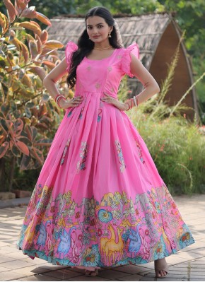 Pink Digital Print Readymade Gown