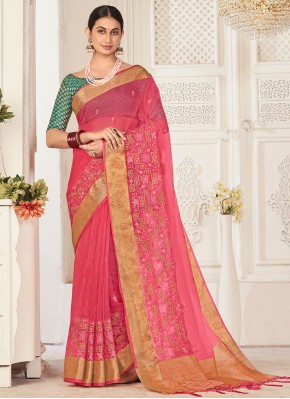 Pink Embroidered Organza Classic Saree