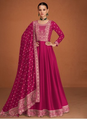Pink Embroidered Silk Readymade Gown