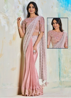 Pink Lycra Embroidered Contemporary Saree