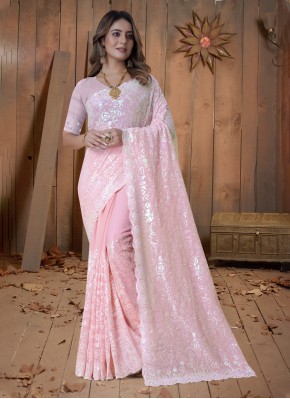 Pink Sequins Engagement Contemporary Style Saree