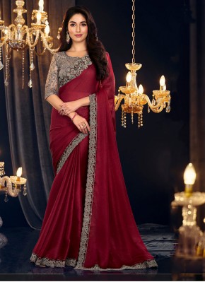 Piquant Red Embroidered Shimmer Georgette Classic Saree
