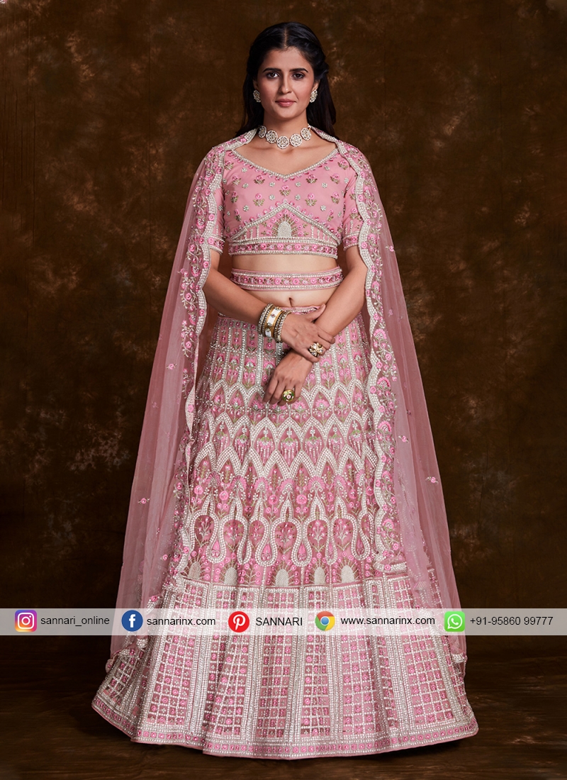 Engagement, Mehendi Sangeet, Reception Pink and Majenta color Taffeta Silk  fabric Lehenga : 1600575