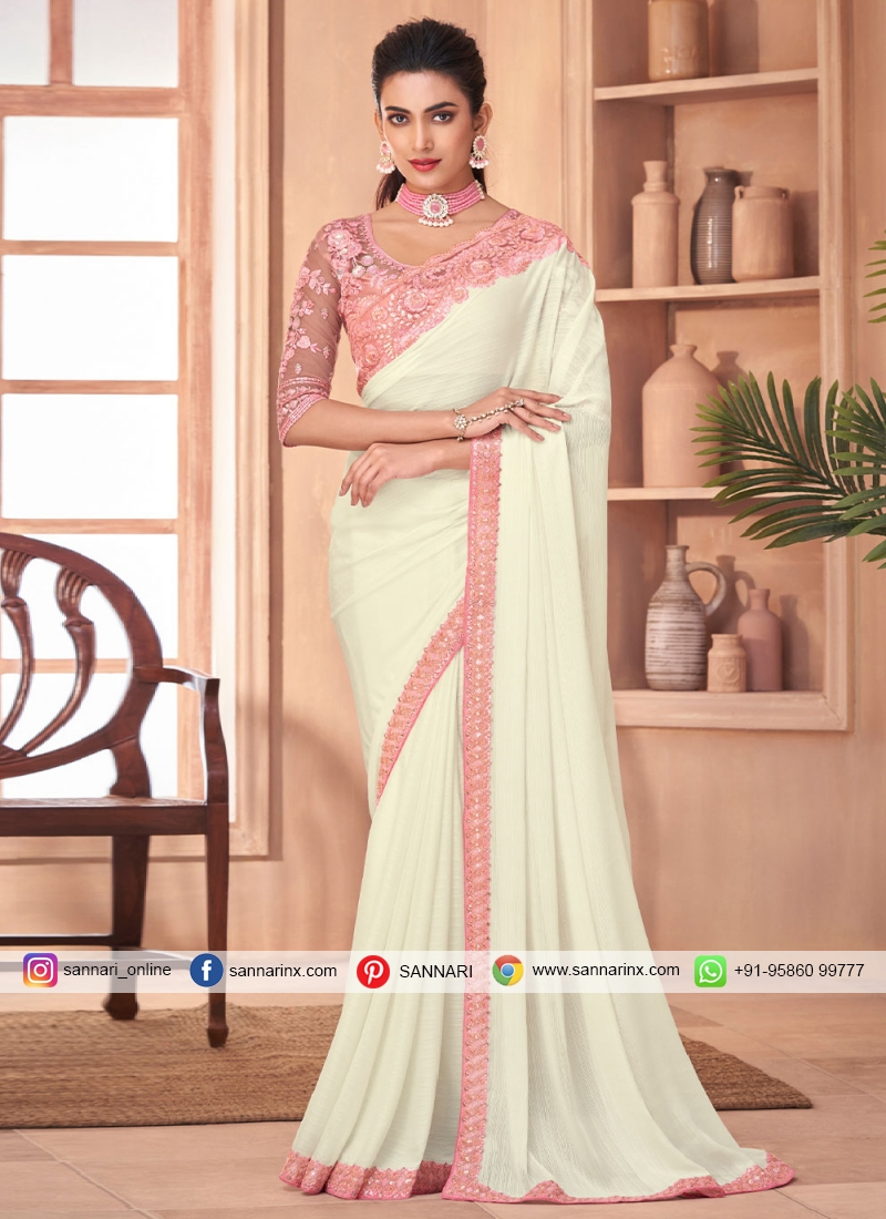 Pleasing Embroidered Off White Contemporary Style Saree