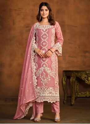Pleasing Embroidered Pink Organza Trendy Salwar Suit