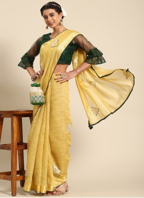 Poly Cotton Embroidered Yellow Contemporary Saree