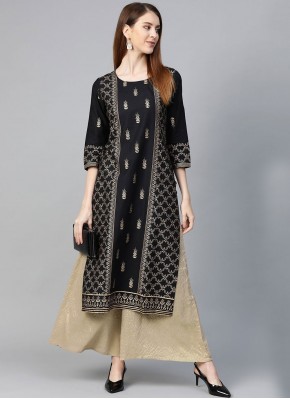 Poly Cotton Printed Party Wear Kurti in Black