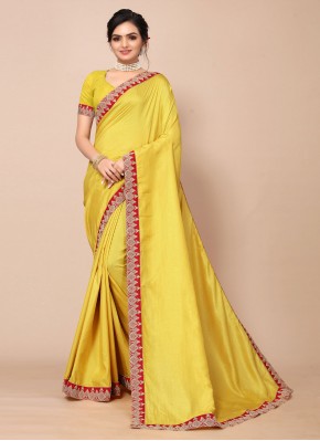 Poly Silk Embroidered Classic Saree in Mustard