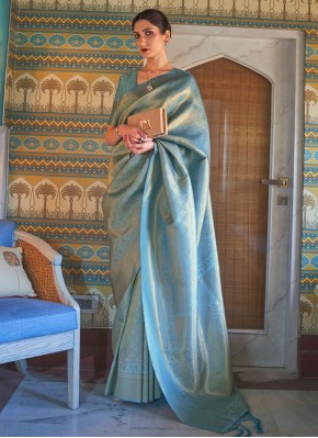 Prepossessing Turquoise Weaving Saree