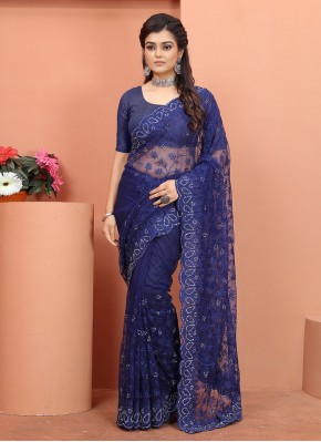 Pretty Embroidered Blue Net Trendy Saree