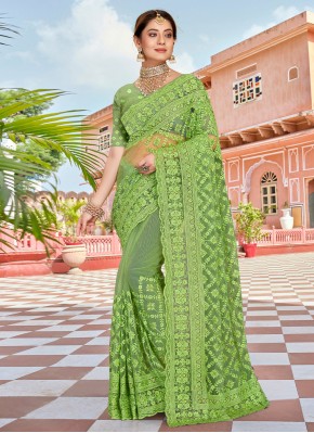 Princely Embroidered Green Net Trendy Saree