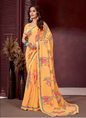 Print Georgette Classic Saree in Yellow