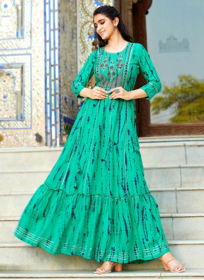 Print Rayon Trendy Gown in Sea Green