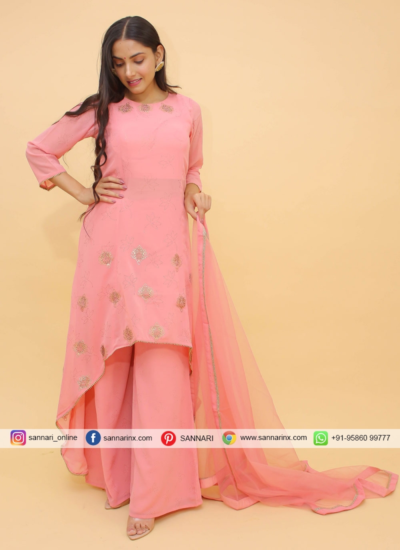 Pink Georgette Salwar Kameez Plain Simple Suits With Frill ...