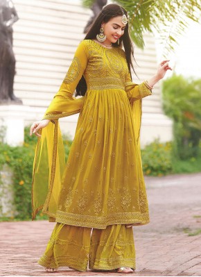 Prodigious Faux Georgette Yellow Embroidered Designer Pakistani Suit