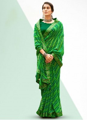 Prodigious Printed Green Bandhani Saree